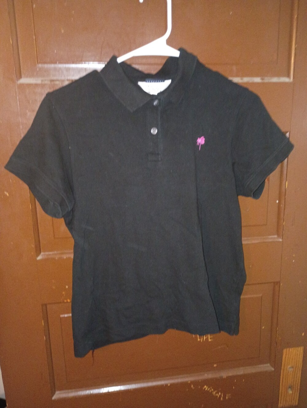 GUC Lilly Pulitzer Black Polo Shirt With Pink Palm Tree Logo L